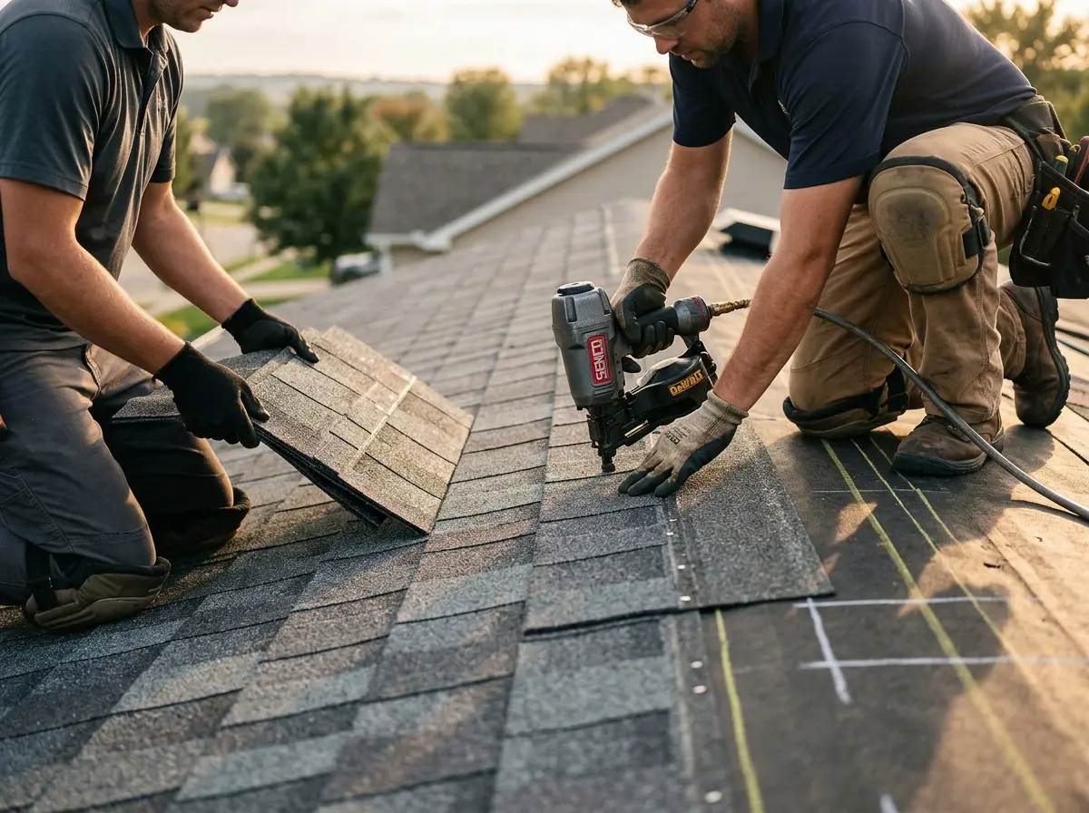 Professional roofer working on a residential roof in Tell City